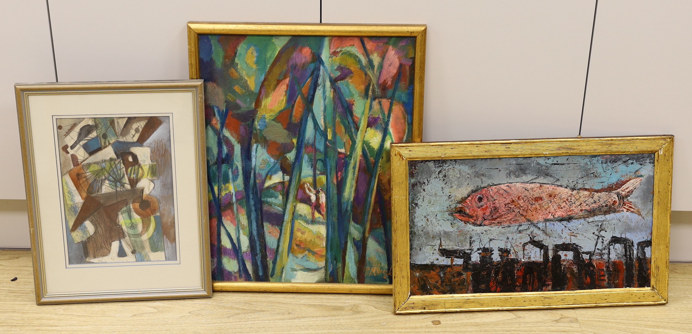Piotr Mleczko (Polish, 1919-95), three oils / drawings, Figures in woodland, Pink Fish and Untitled composition, two signed, 50 x 40cm, 27 x 47cm and 29 x 20cm